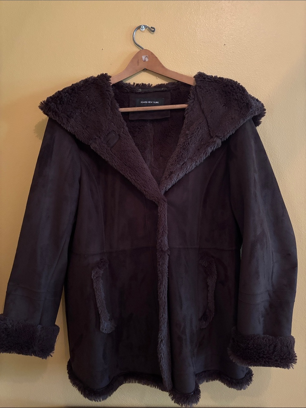 Jones New York Chocolate Brown Teddy Faux-Suede Hooded Coat